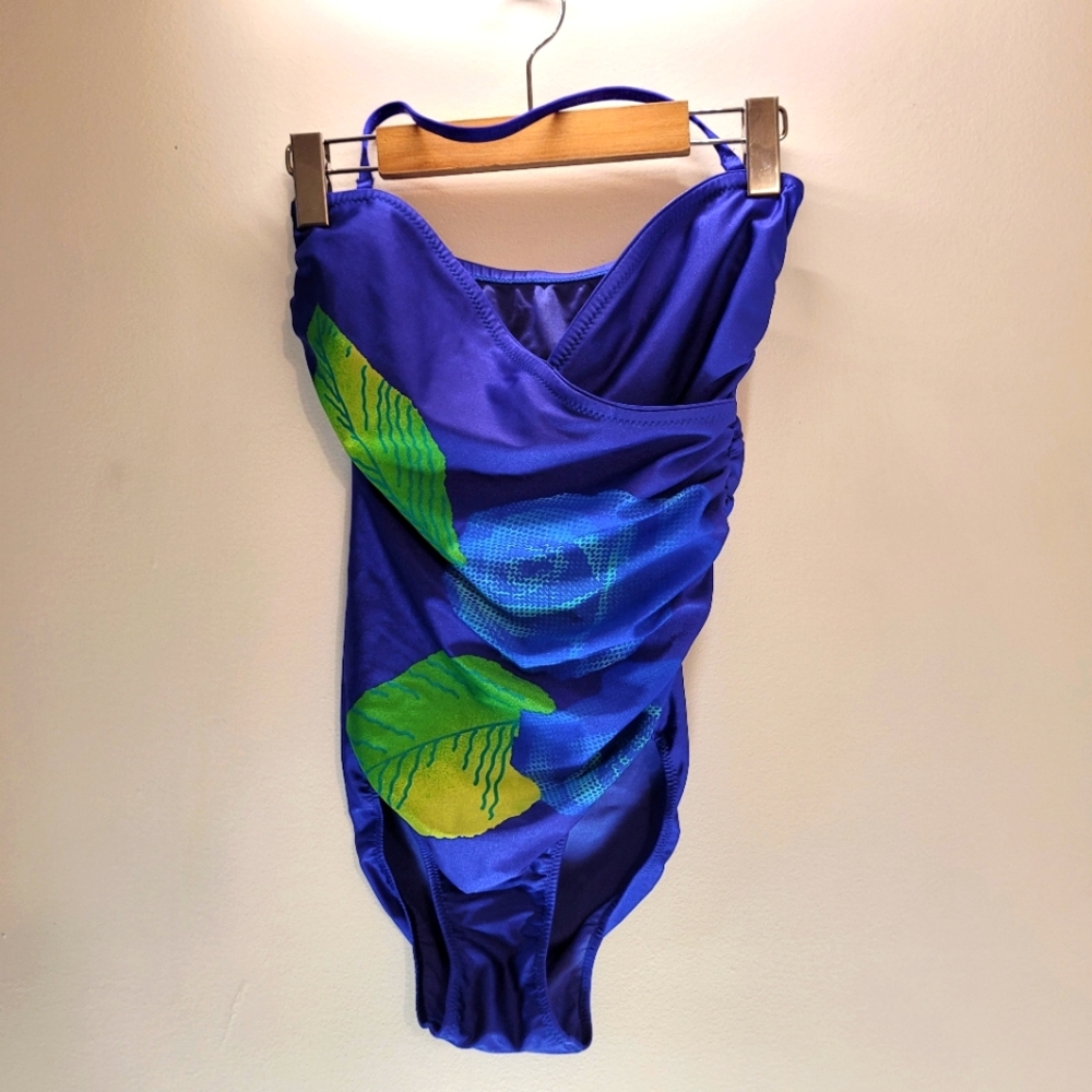 Vintage Gottex Onepiece Swimsuit Pixel Rose Royal Blue Strapless - Size 12